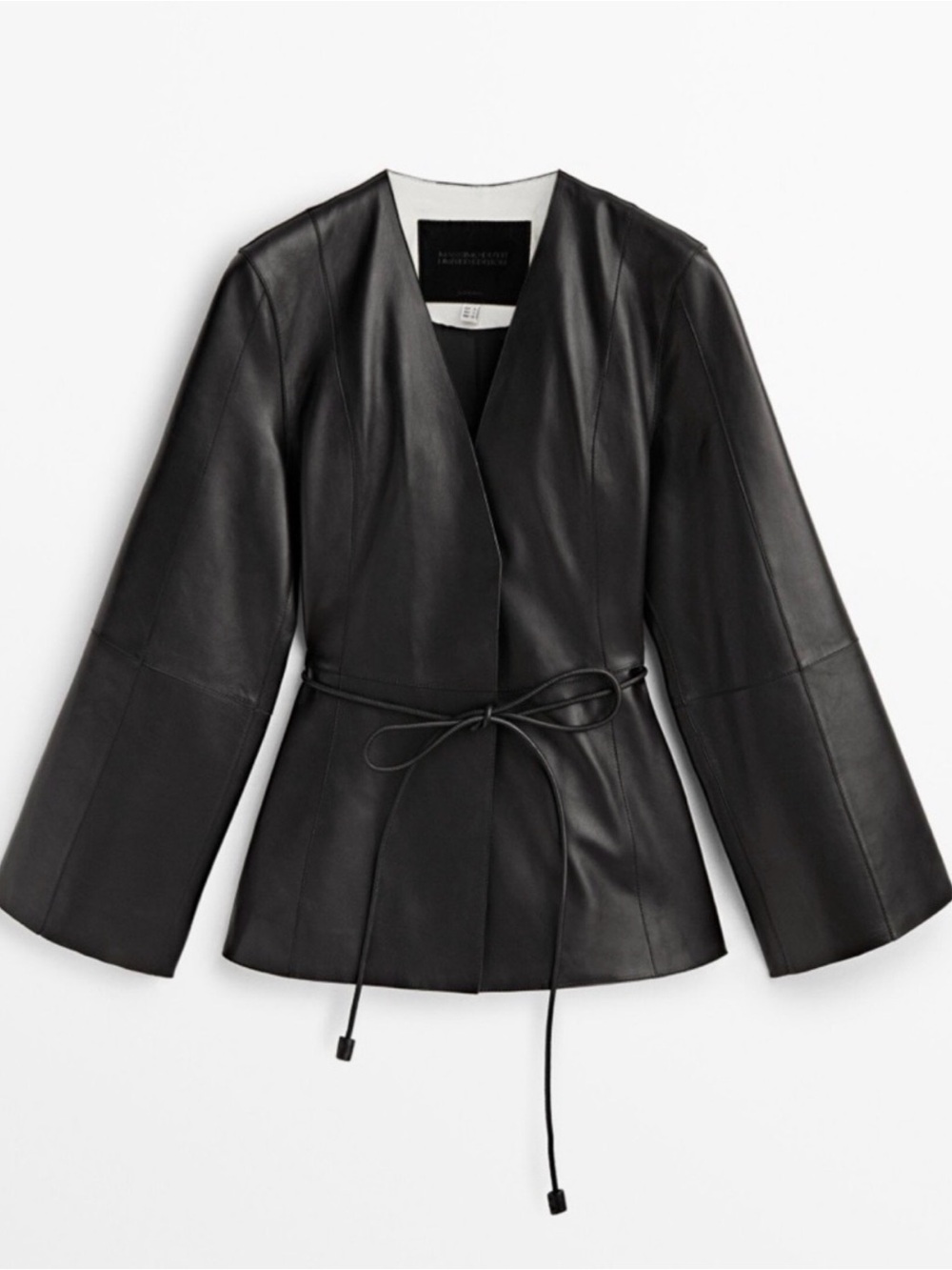 Massimo Dutti Limited Edition Black Leather Wrap Jacket with Tie Waist